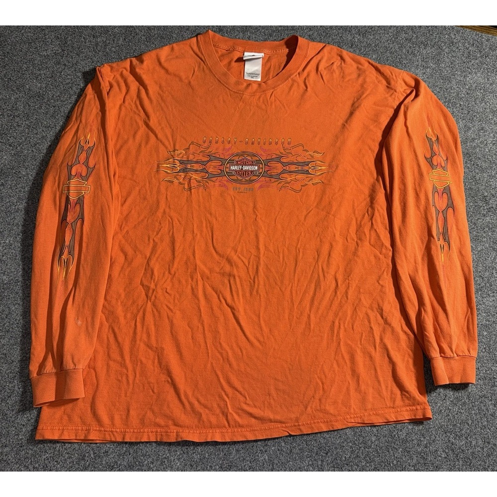 Vintage 2003 Harley Davidson Nashville Long Sleeve Flames Logo Orange 2XL‎ Y2K